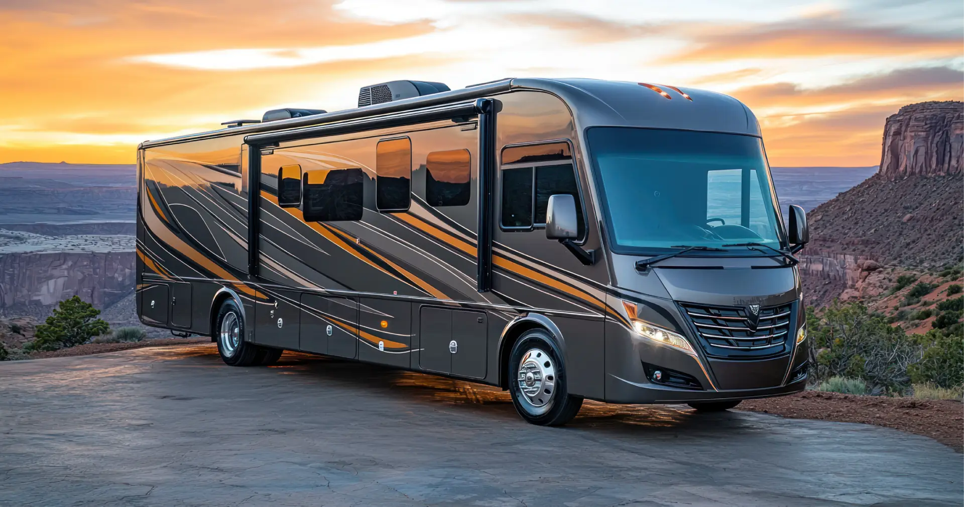 Luxury Class A motorhome parked at a desert canyon overlook at sunset