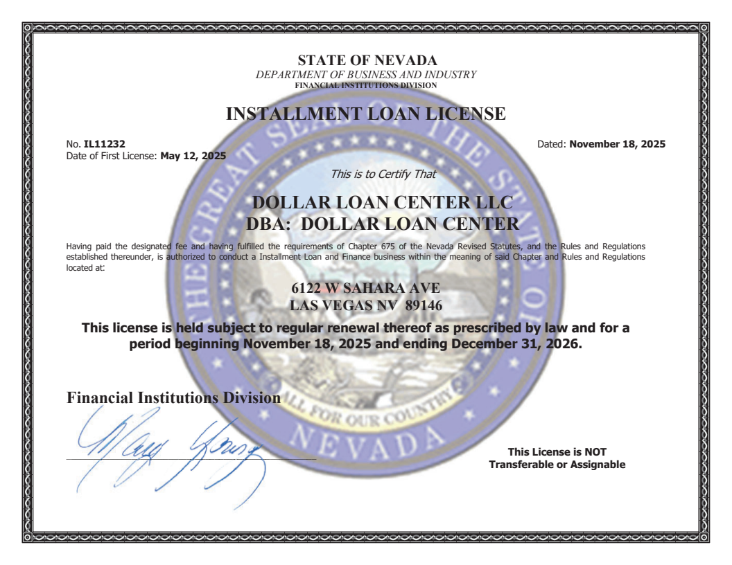 Dollar Loan Center Nevada Installment Loan License