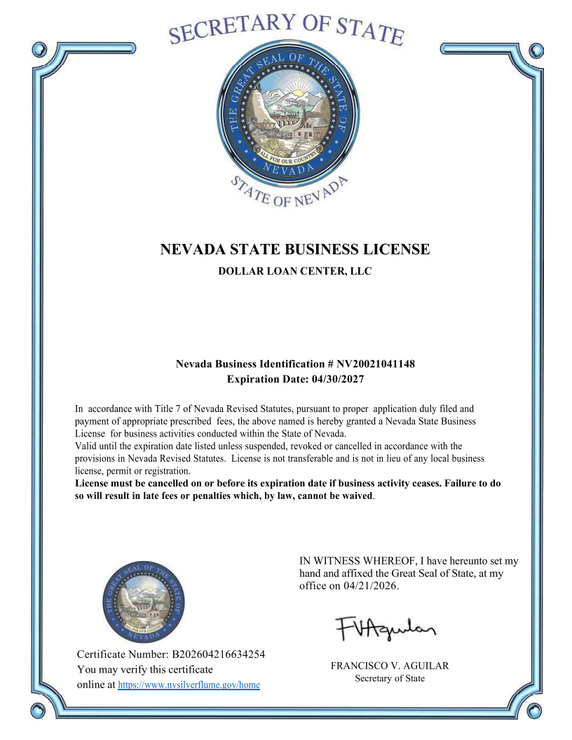 Dollar Loan Center Nevada State Business License