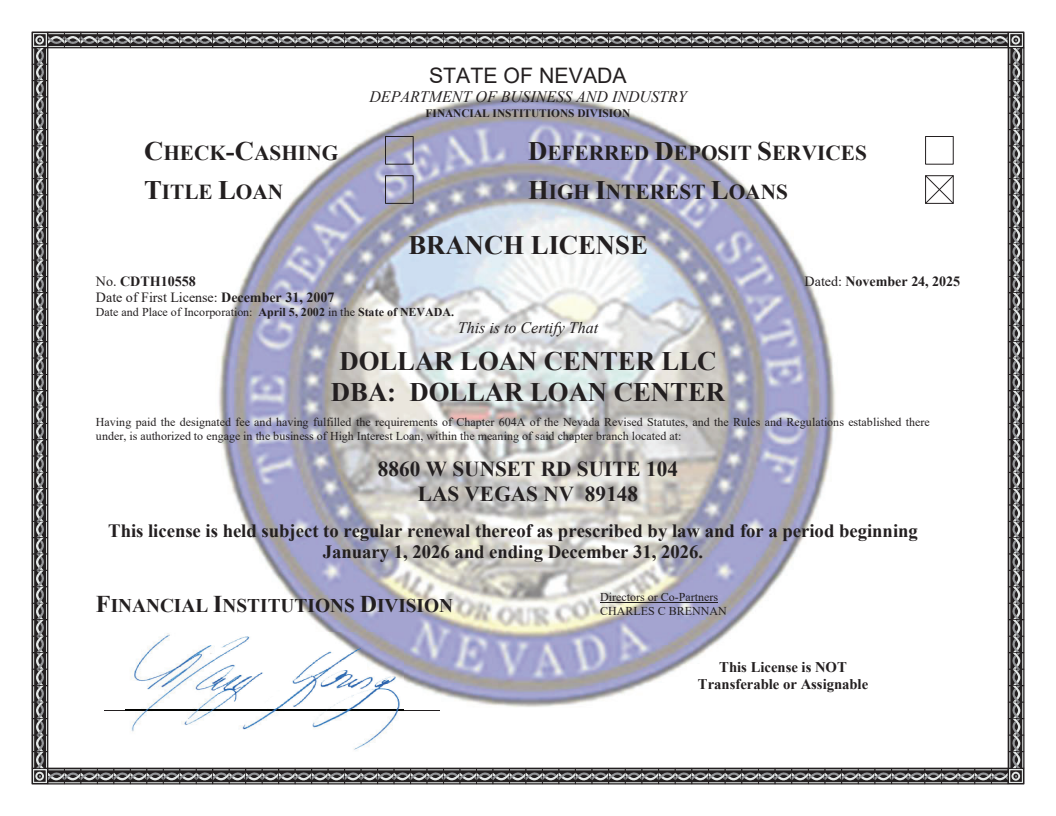 Dollar Loan Center High Interest Loan License