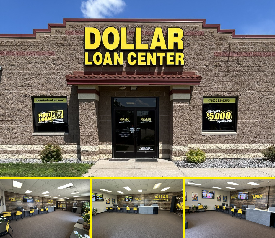 Exterior and interior pictures of Dollar Loan Center Wisconsin Rapids